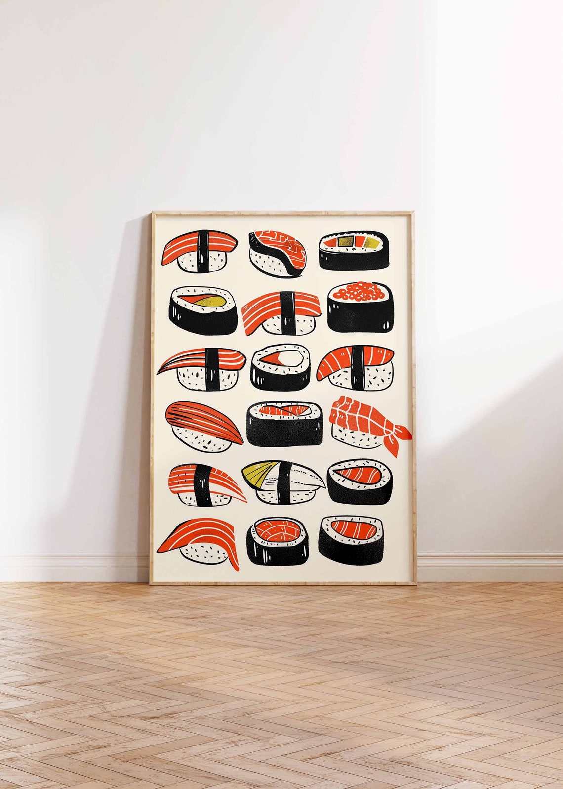 Bold Retro Sushi Illustrations Orange Black Cream Japanese Art Poster - Image 2