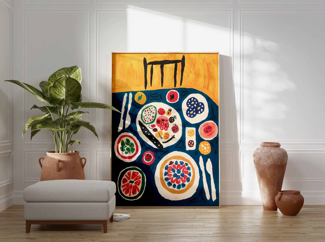 Blue Dinner Table Setting With Fruit And Plates Modern Art Poster - Image 3