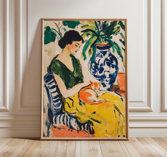 Woman And Cat Green Interior Poster, Figurative