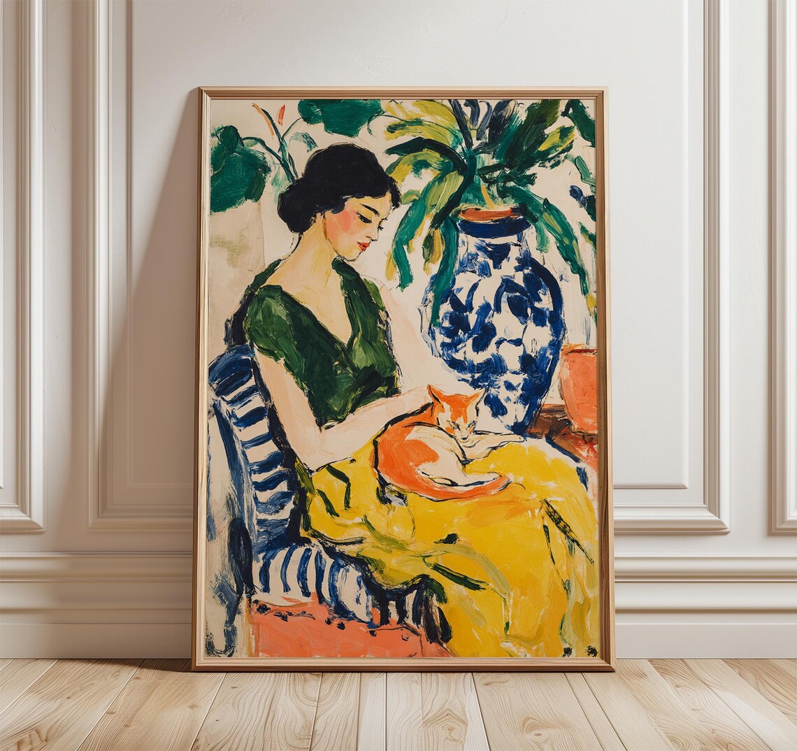 Woman And Cat Green Interior Poster, Figurative