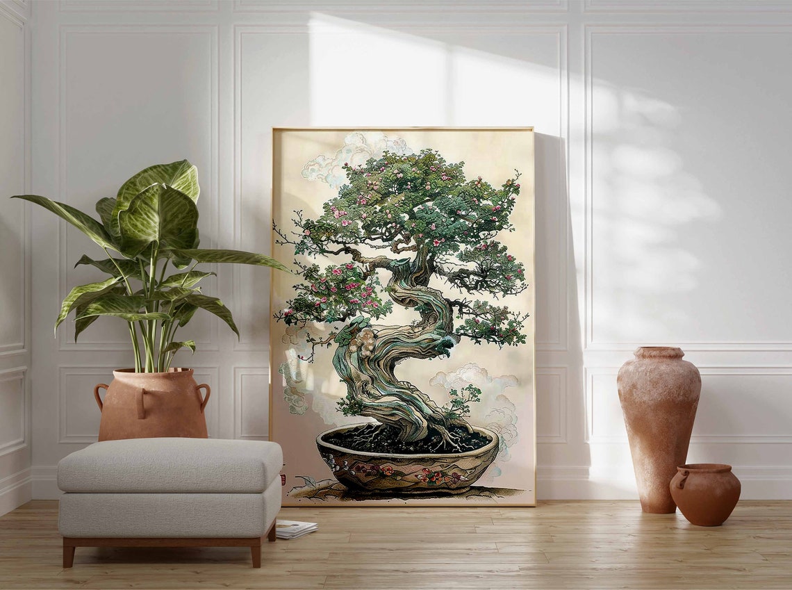 Japanese Bonsai Tree Pink Blossoms Ink Botanical Zen Wall Art - Image 2