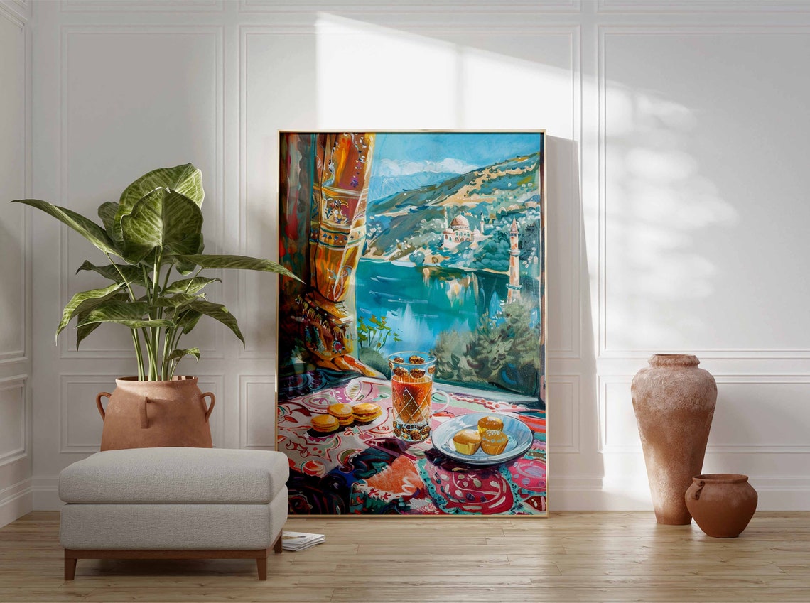 Islamic Tea Still Life Mosque Lake View Paisley Table Art Poster - Image 2