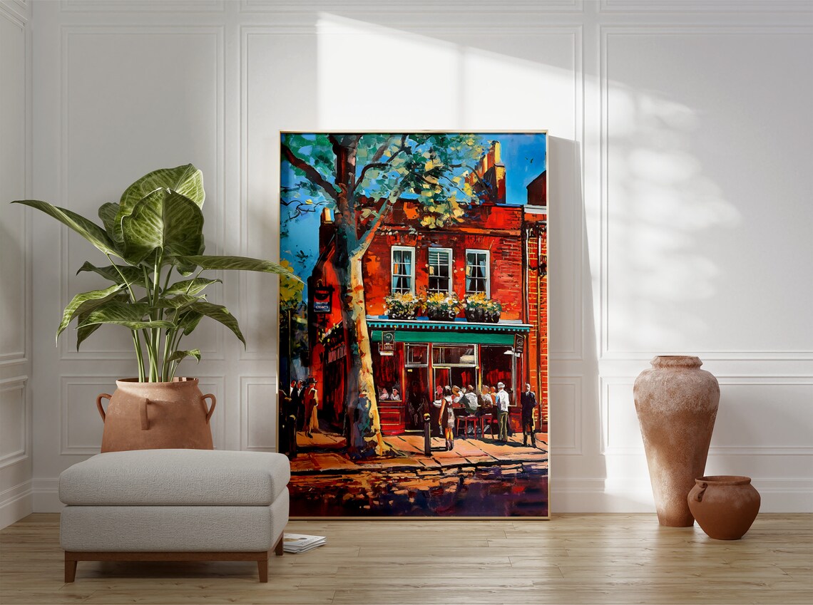 Classic London Pub Corner Sunlit Red Brick Street Painting Poster - Image 3