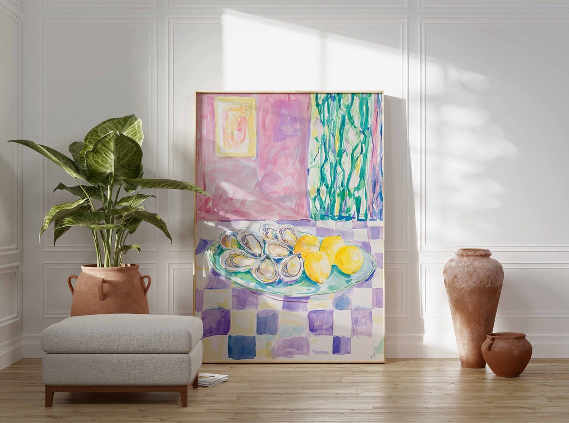 Watercolor Oysters and Lemons Purple Gingham Cafe Table Wall Art - Image 3