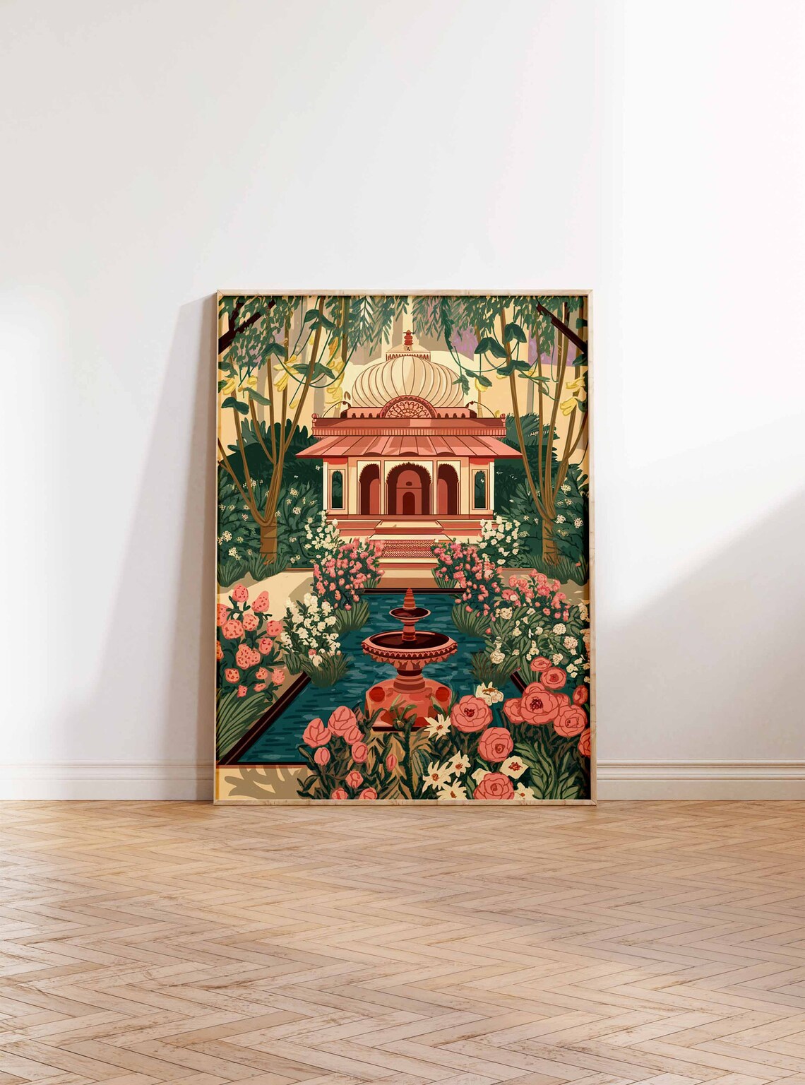 Indian Domed Pavilion Garden Fountain Rose Illustration Poster - Image 2