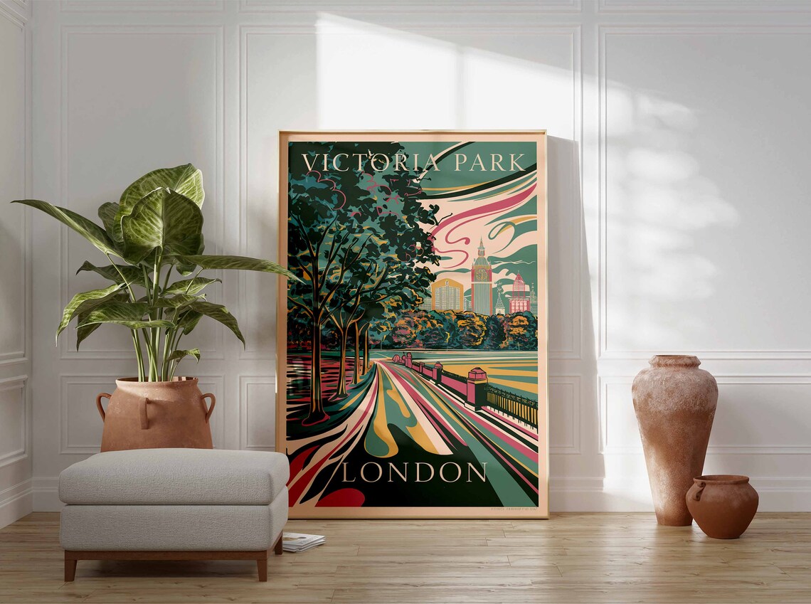 Victoria Park London Art Deco Skyline Tree Lined Path Poster - Image 3