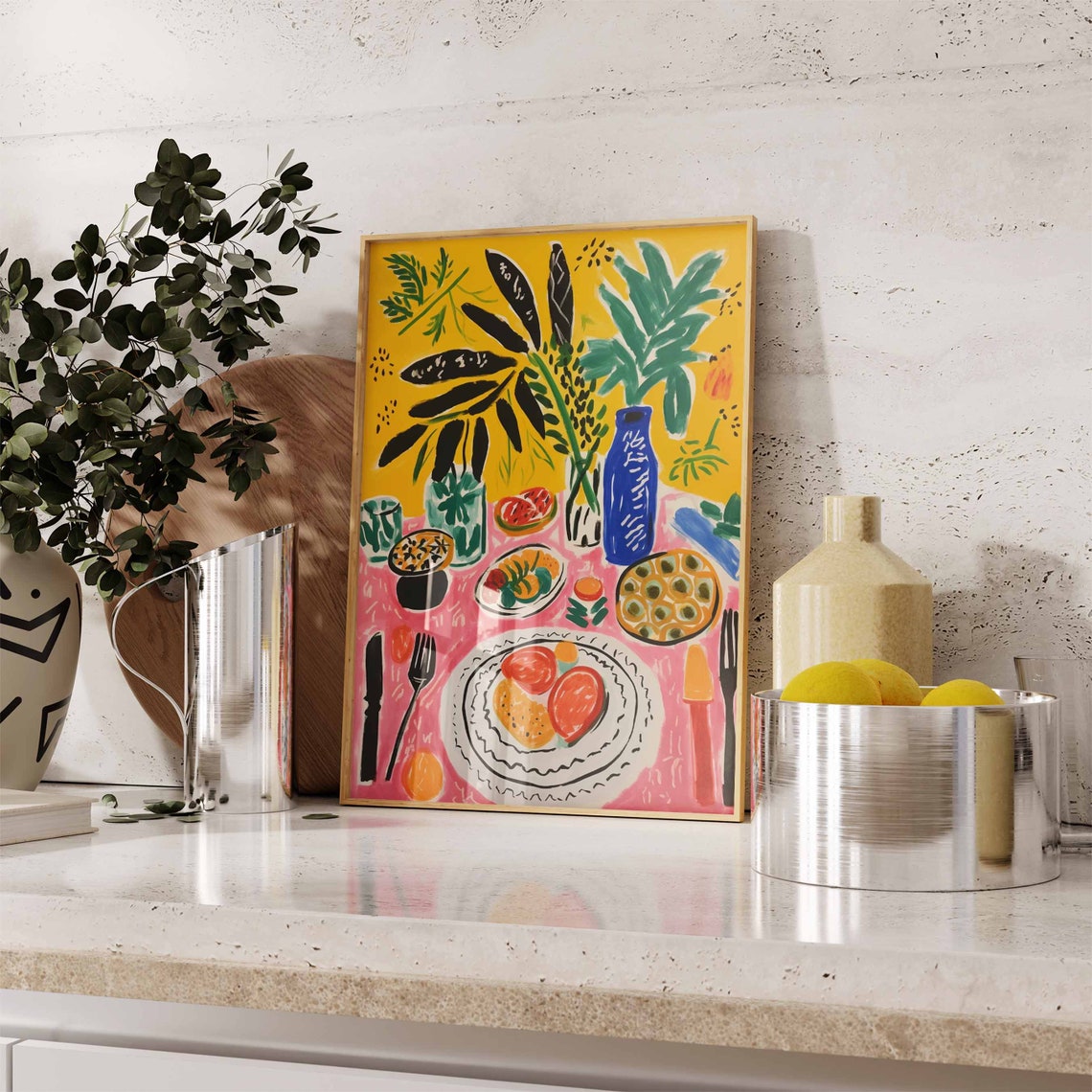 Colorful Table Spread with Plates Plants and Dishes Kitchen Poster - Image 2