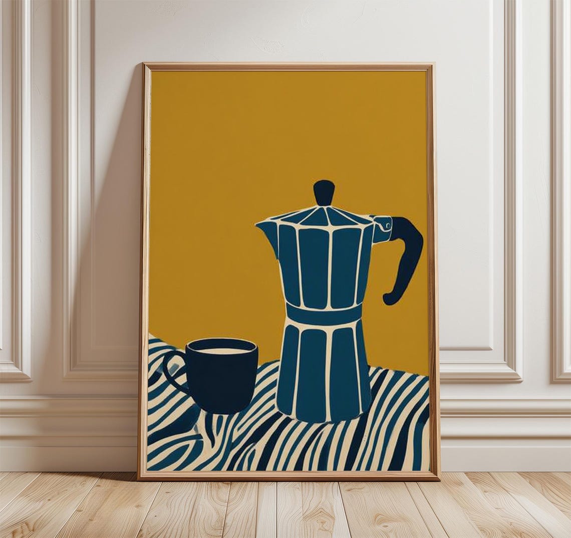 Navy Moka Pot Espresso Cup Zebra Waves Bold Mustard Kitchen Poster