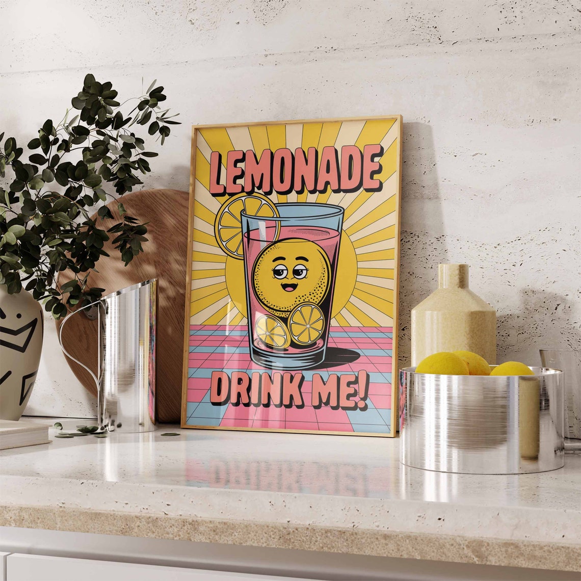 Sunny Lemonade Drink Me Cartoon Lemon Retro Pop Art Kitchen Poster - Image 3