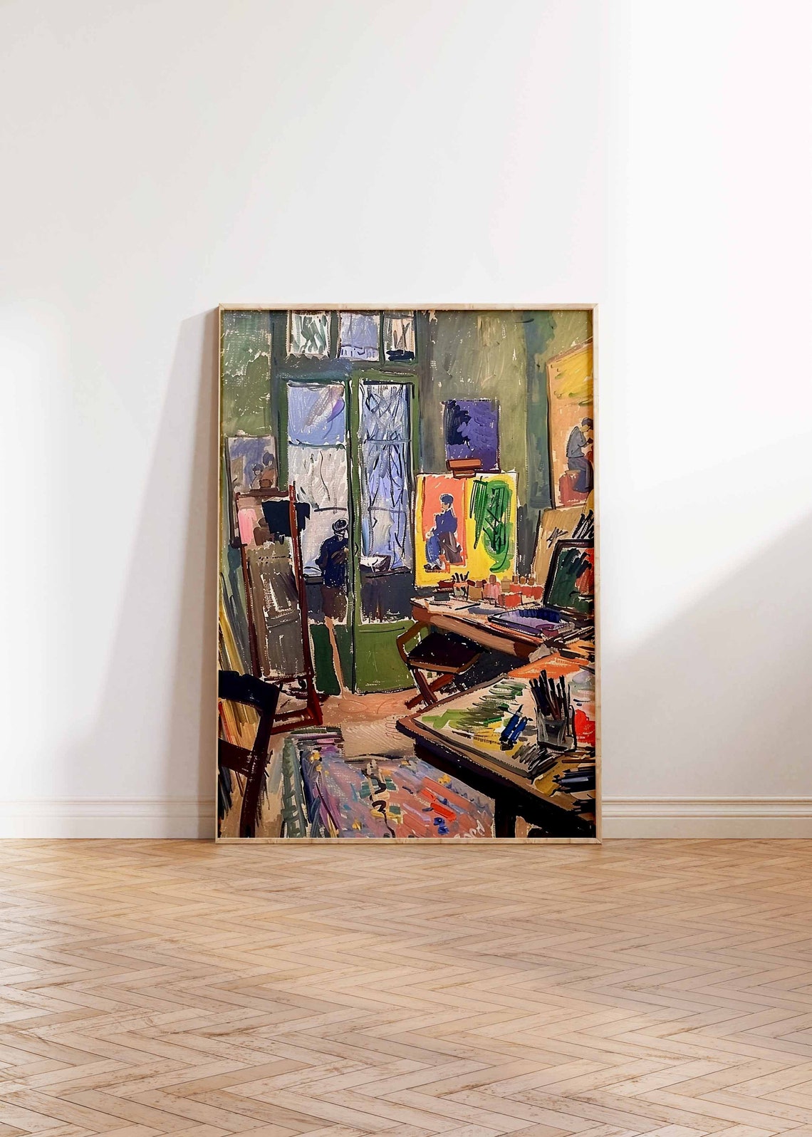 Green Toned Painter Studio with Easel and Seated Figure Poster - Image 2