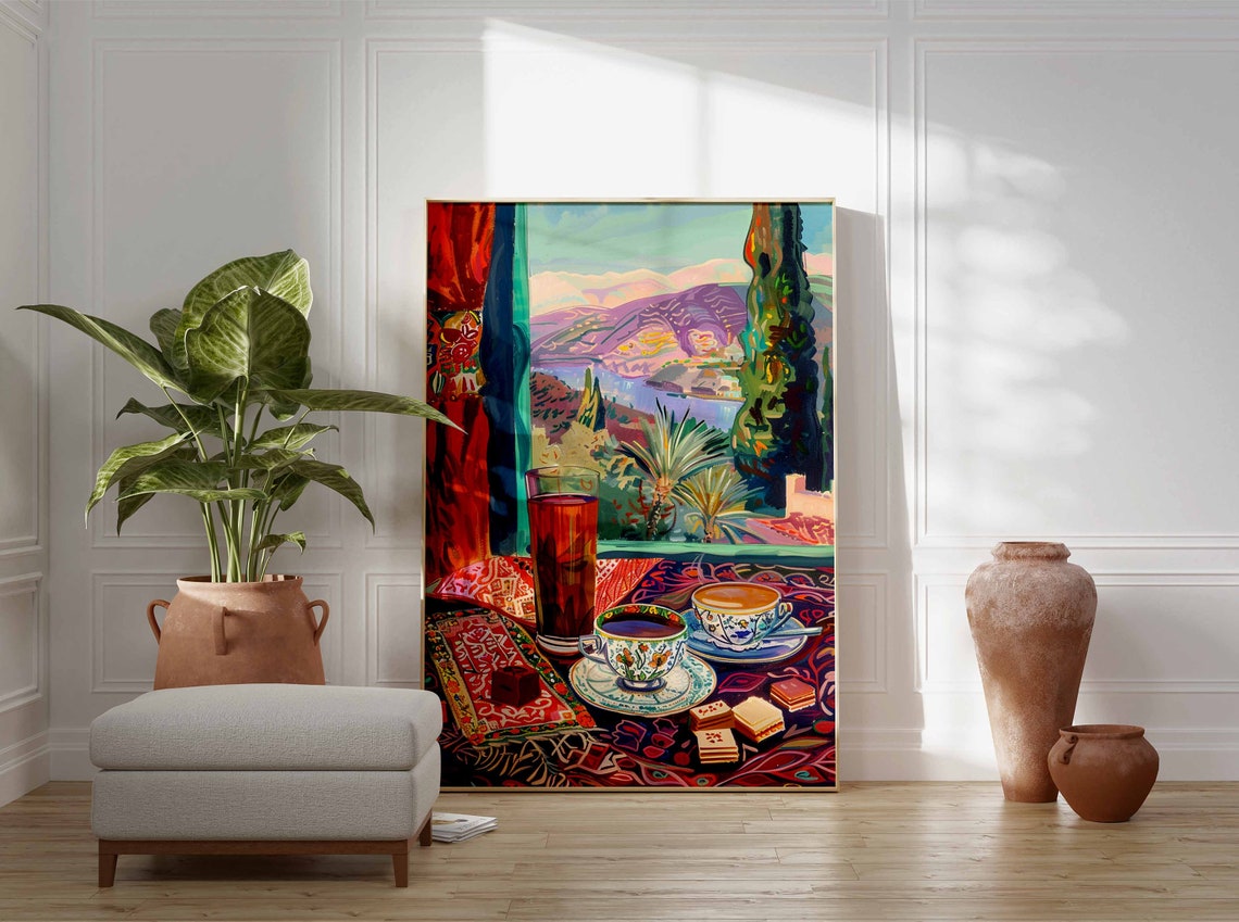 Tea Coffee Cups Pastries Palm Hill View Textile Table Art Poster - Image 3