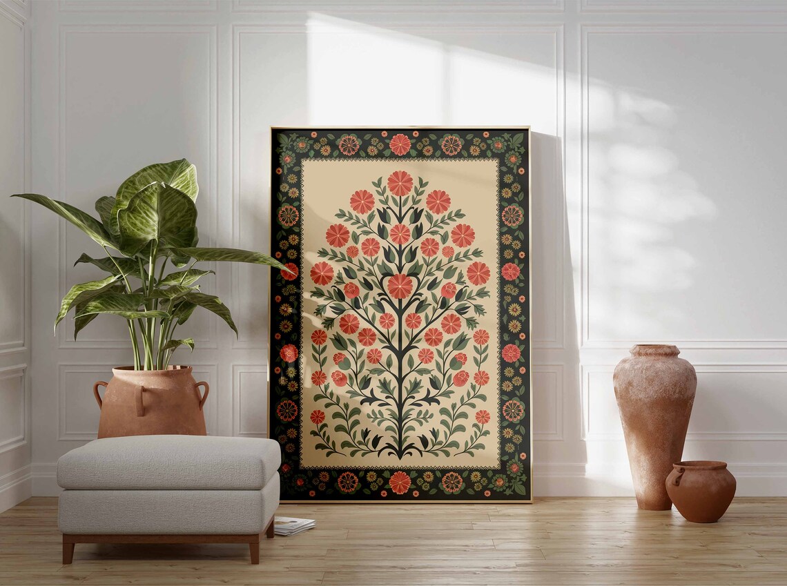 Coral Carnation Indian Tree of Life Garland Border Poster Floral Art - Image 2