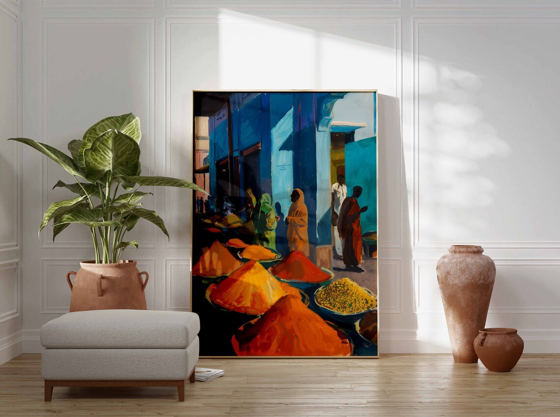 Colorful Indian Spice Market Turmeric Mounds Blue Facade Art Poster - Image 3