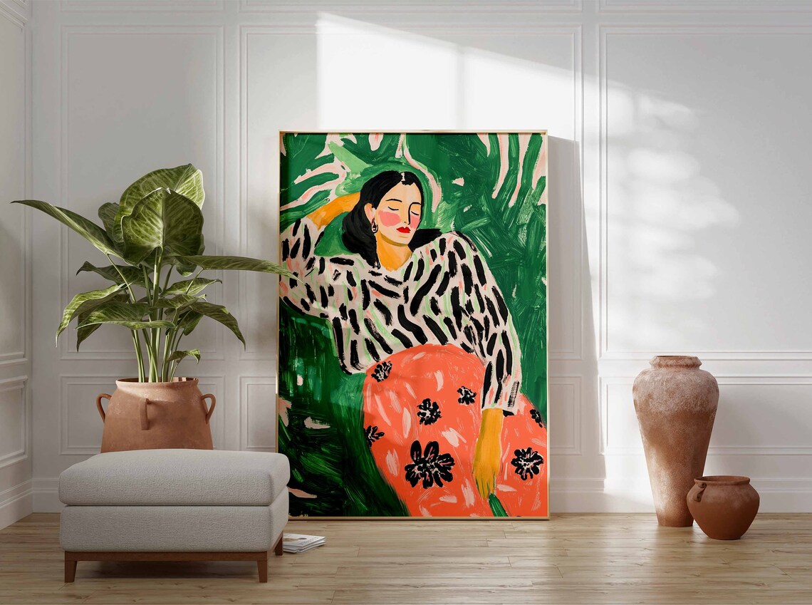 Woman in Striped Top Coral Floral Skirt Garden Portrait Poster - Image 2