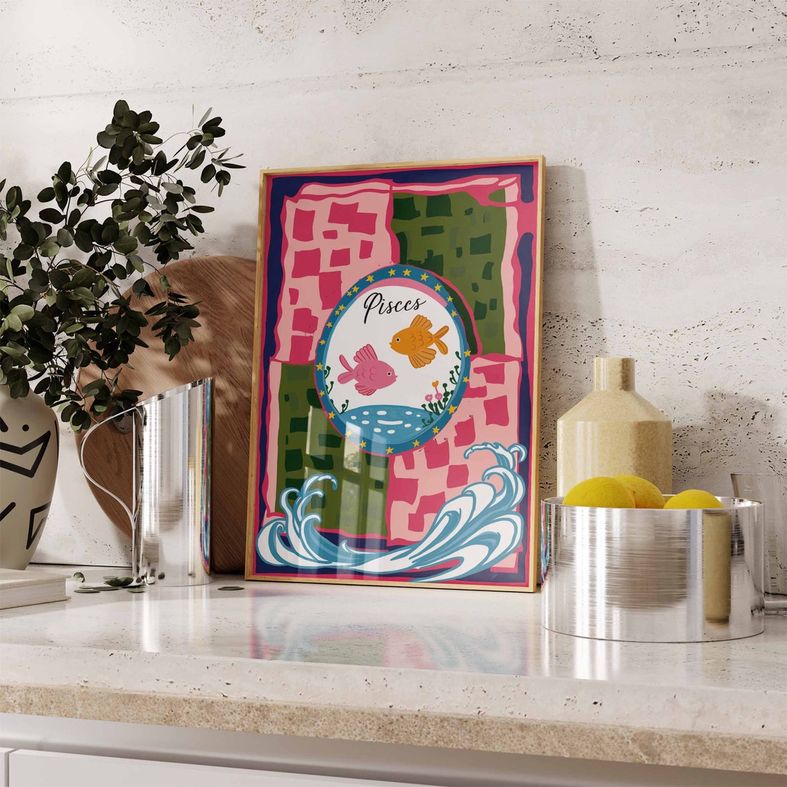 Pisces Zodiac Two Fish Pink Checkered Waves Celestial Art Poster - Image 3