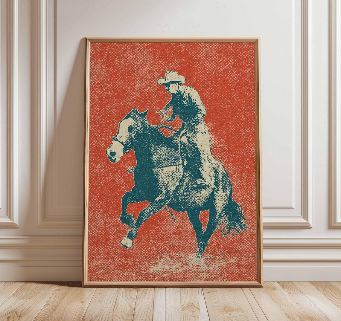 Vintage Cowboy Riding Bucking Horse Red Pop Art Western Poster