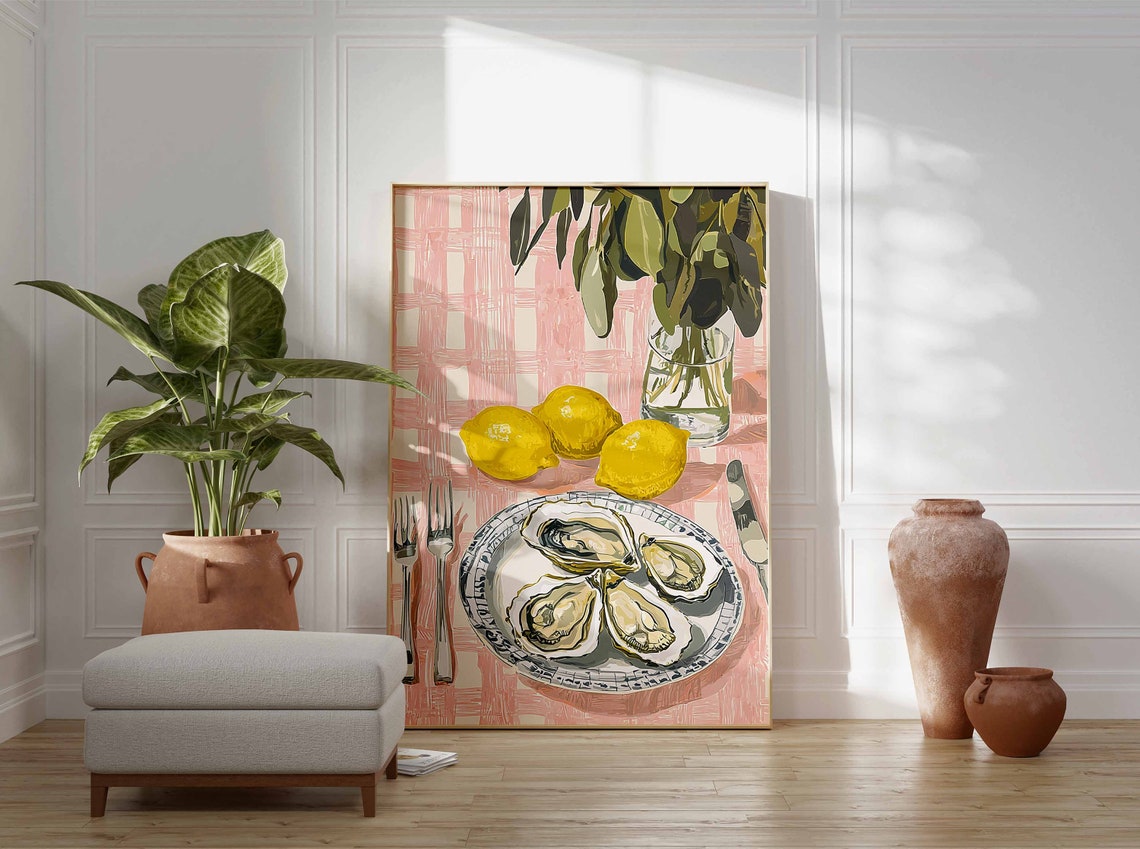 Summer Oyster Plate Lemon Pink Gingham Seafood Kitchen Art Poster - Image 3