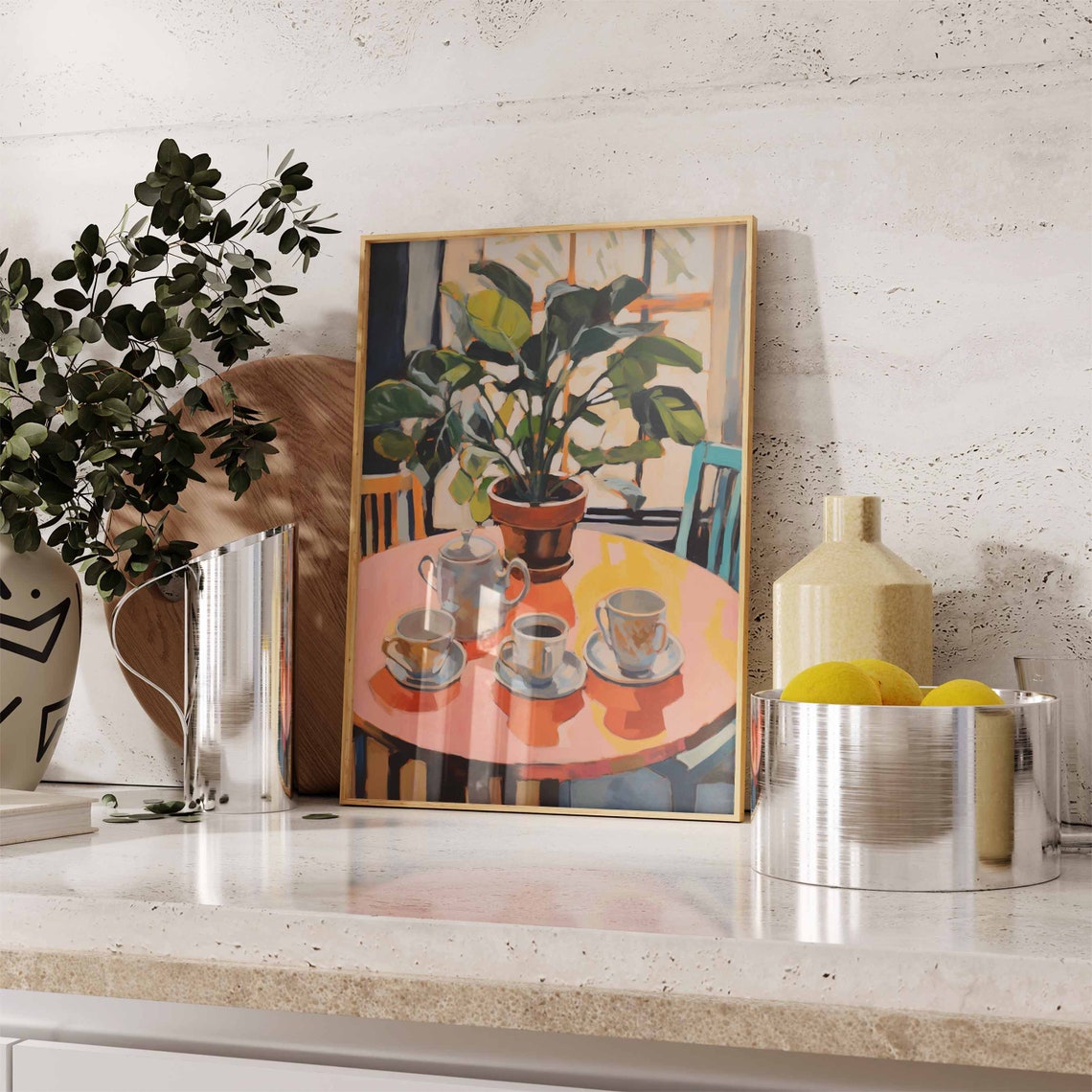 Retro Coffee Cups Teapot Still Life Painting Art Sunny Print - Image 2