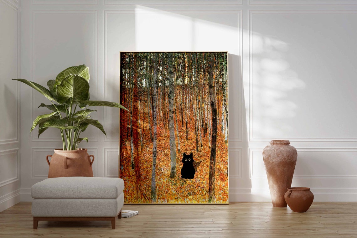 Gustav Klimt Golden Birch Forest Black Cat Autumn Trees Wall Art - Image 3