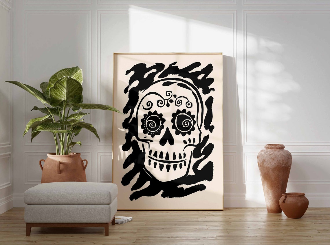 Centered Sugar Skull With Floral Eyes On Cream Background Poster - Image 2