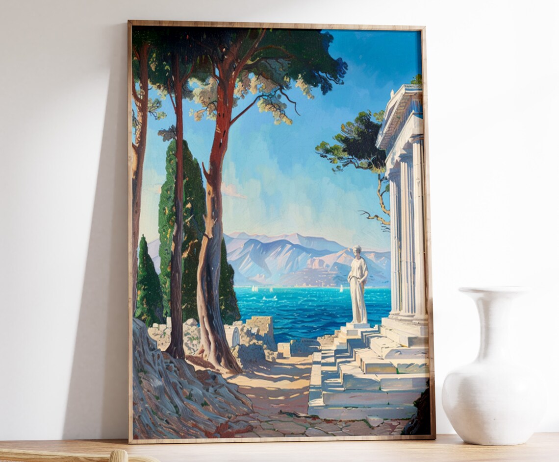 Ancient Greek Temple by the Sea Coast with Pine Trees Poster