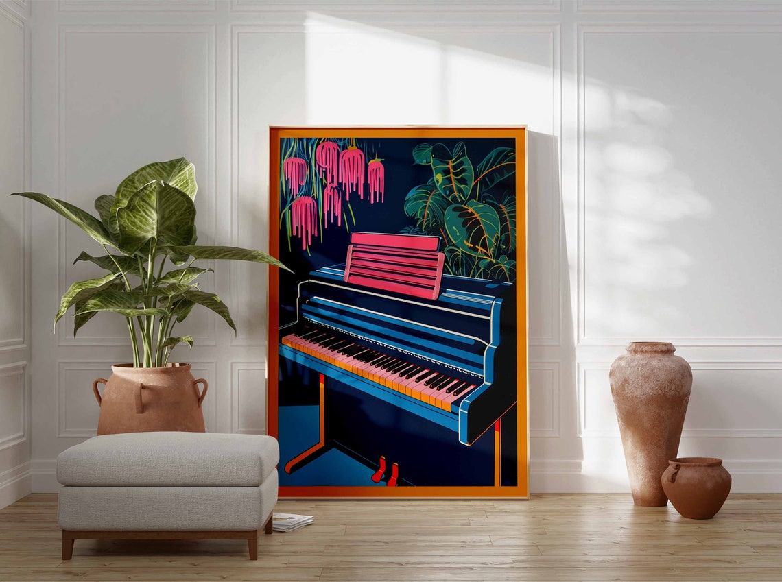 Blue Upright Piano With Pink Blossoms Neon Pop Music Style Poster - Image 2