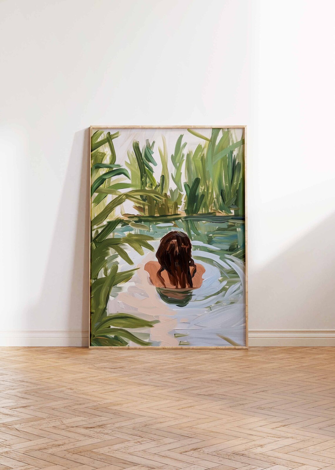 Calm Woman Floating in Reeds Lake Abstract Green Painting Poster - Image 3