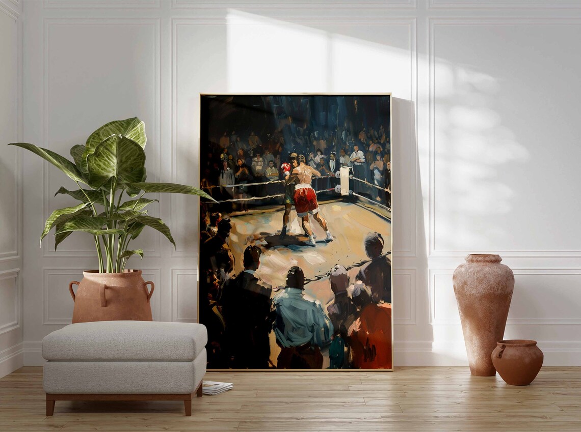 Vintage Boxing Ring Clinch Night Fight Painted Retro Sports Poster - Image 3