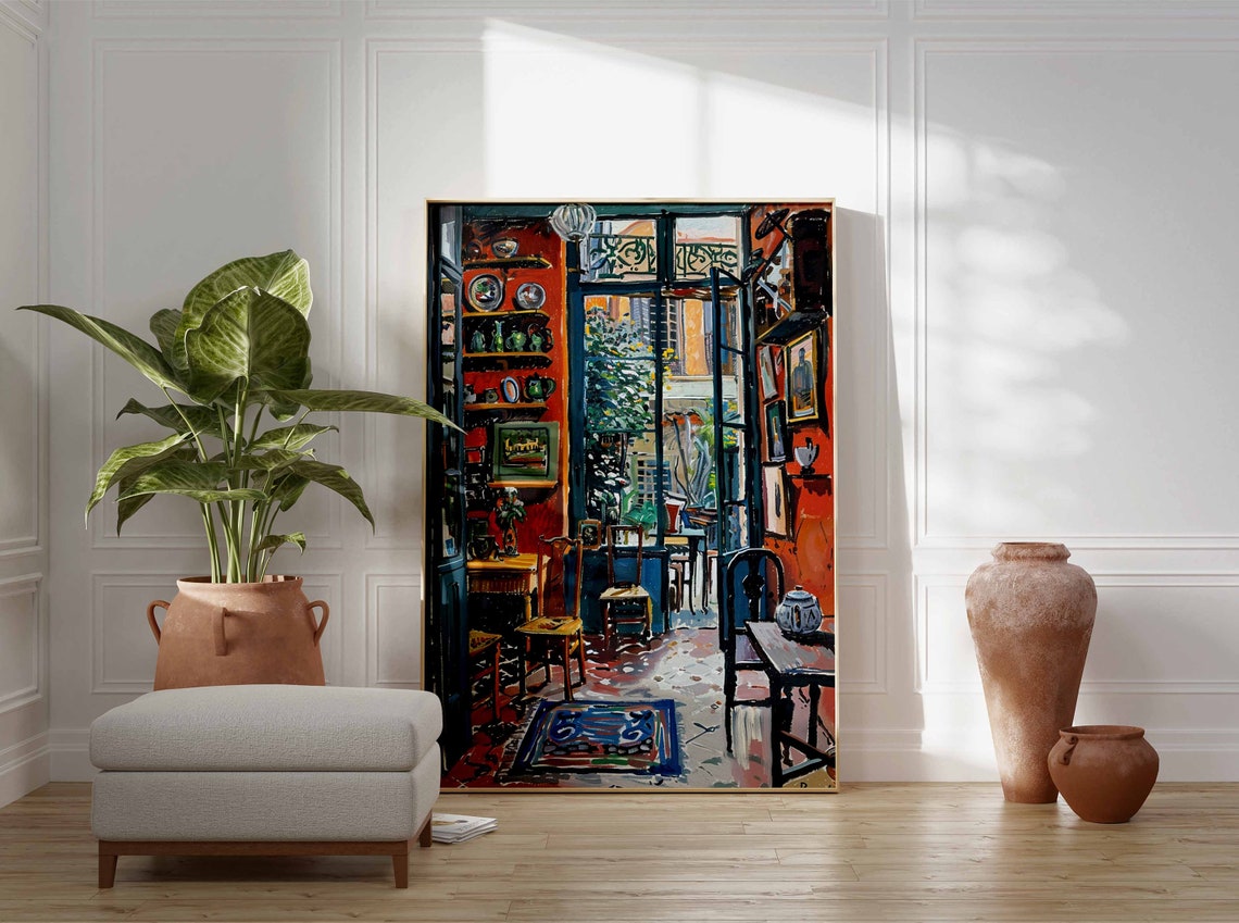 Red Dining Room Courtyard Door Pottery Shelves Bold Color Art Print - Image 3