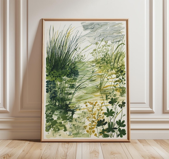 Botanical Meadow Watercolor Art Print Green Wildflower Nature Decor