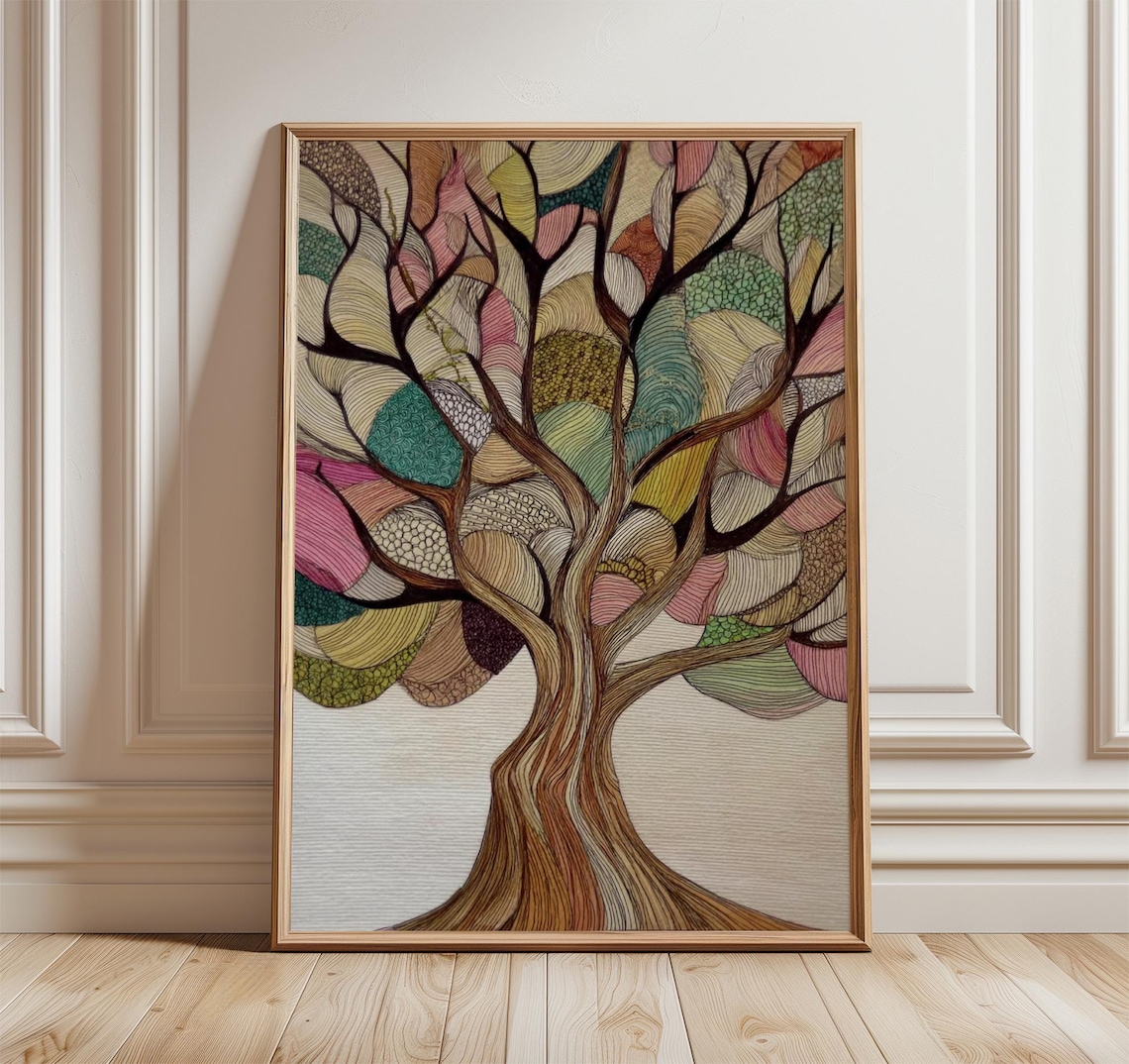 Abstract Mosaic Tree Of Life Print With Pink Teal And Gold Patterned Canopy