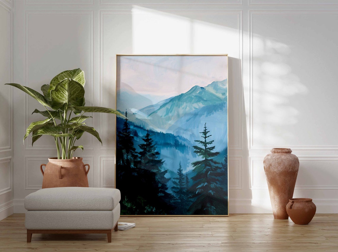 Blue Mountain Dusk Mist Evergreen Pine Forest Calm Nature Print - Image 3