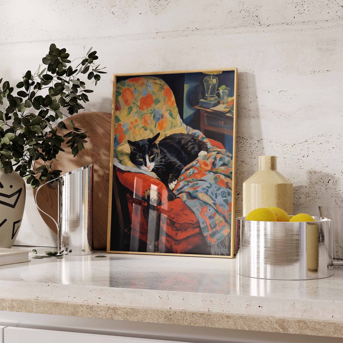 Black Cat Napping On Floral Armchair Oil Painting Pet Portrait Poster - Image 3