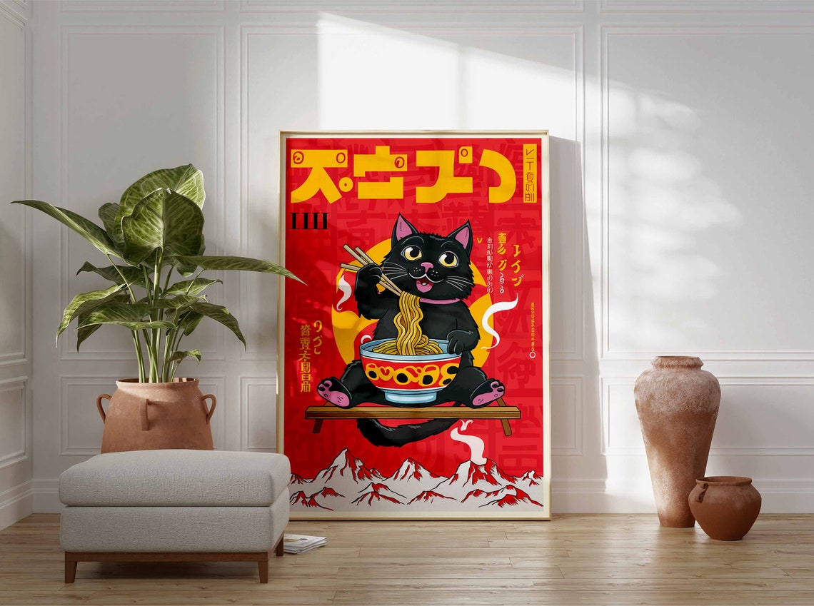 Black Cat Eating Ramen Vintage Japanese Poster with Mount Fuji Art - Image 3