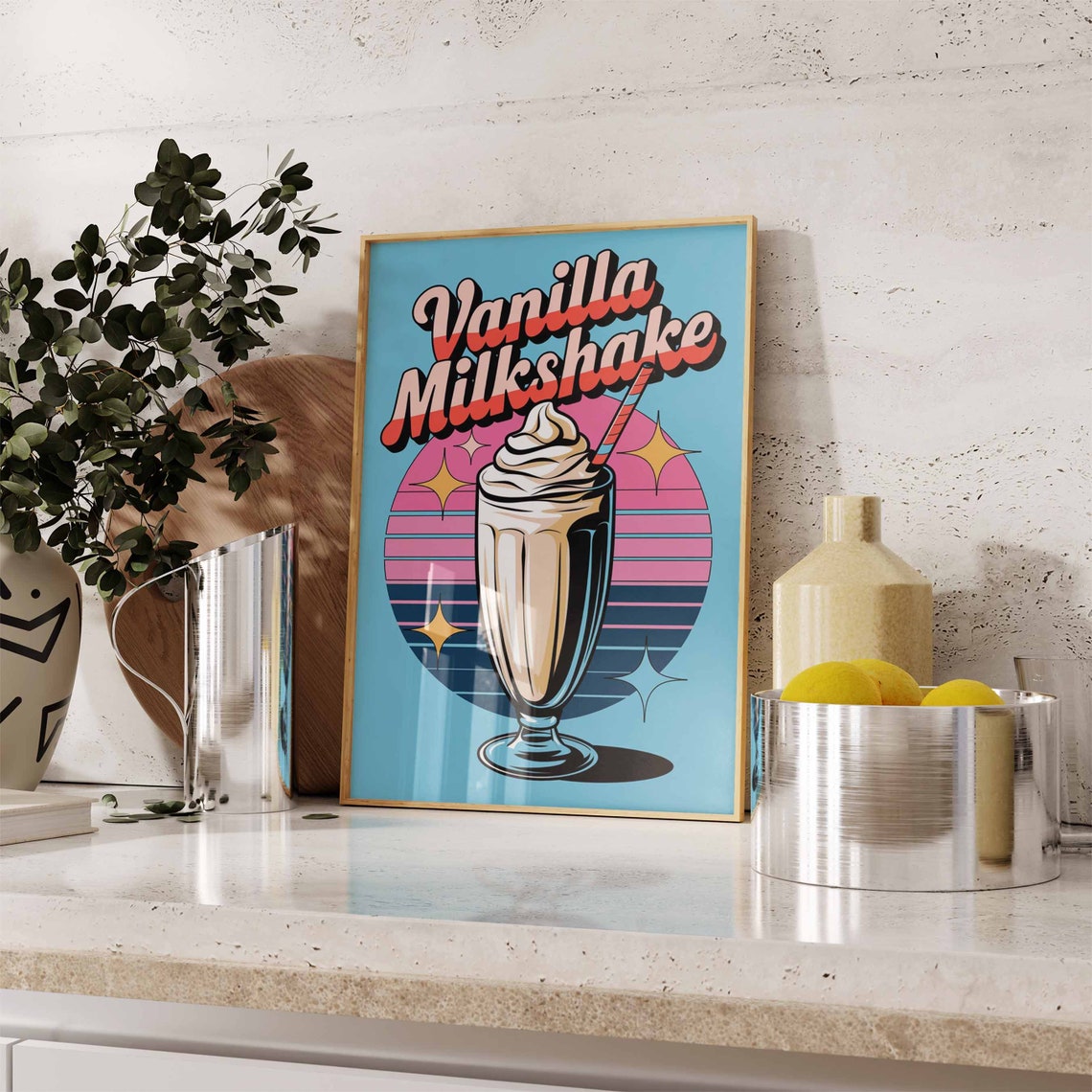 Vanilla Milkshake Retro Script Blue Sunset Diner Kitchen Poster - Image 3