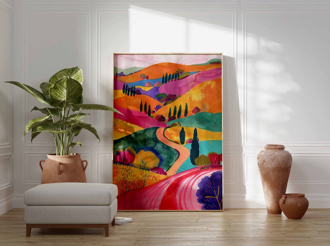 Golden Hills Winding Road Cypress Trees Landscape Art Print Wall Decor - Image 3