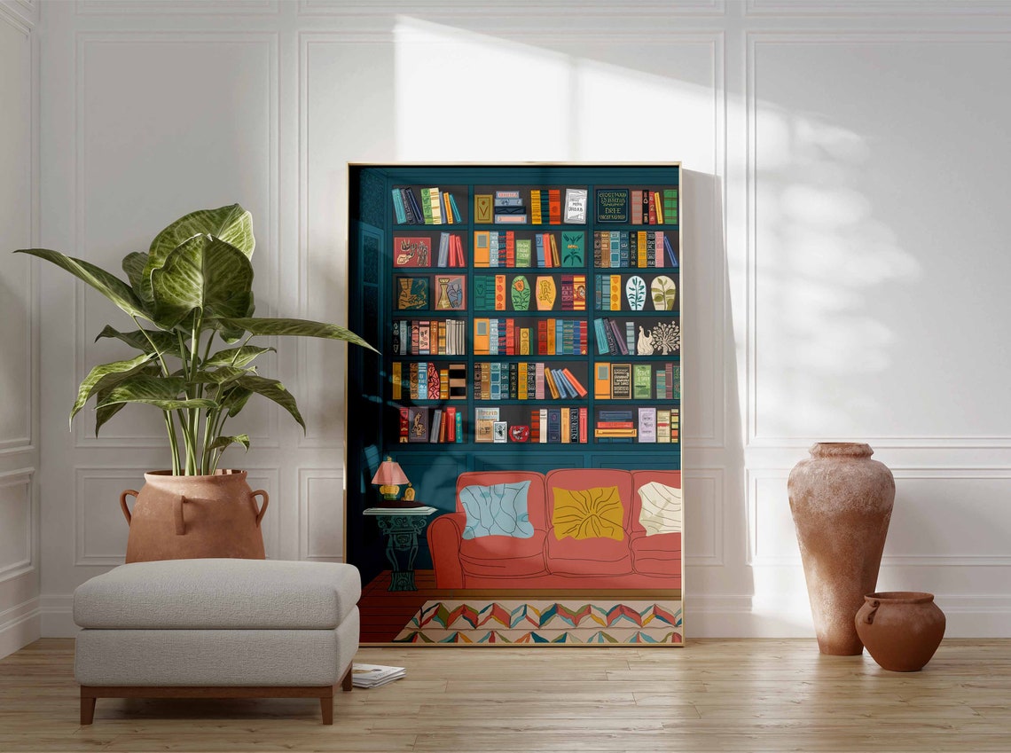 Teal Library With Red Sofa Cozy Reading Room Wall Decor Poster - Image 3