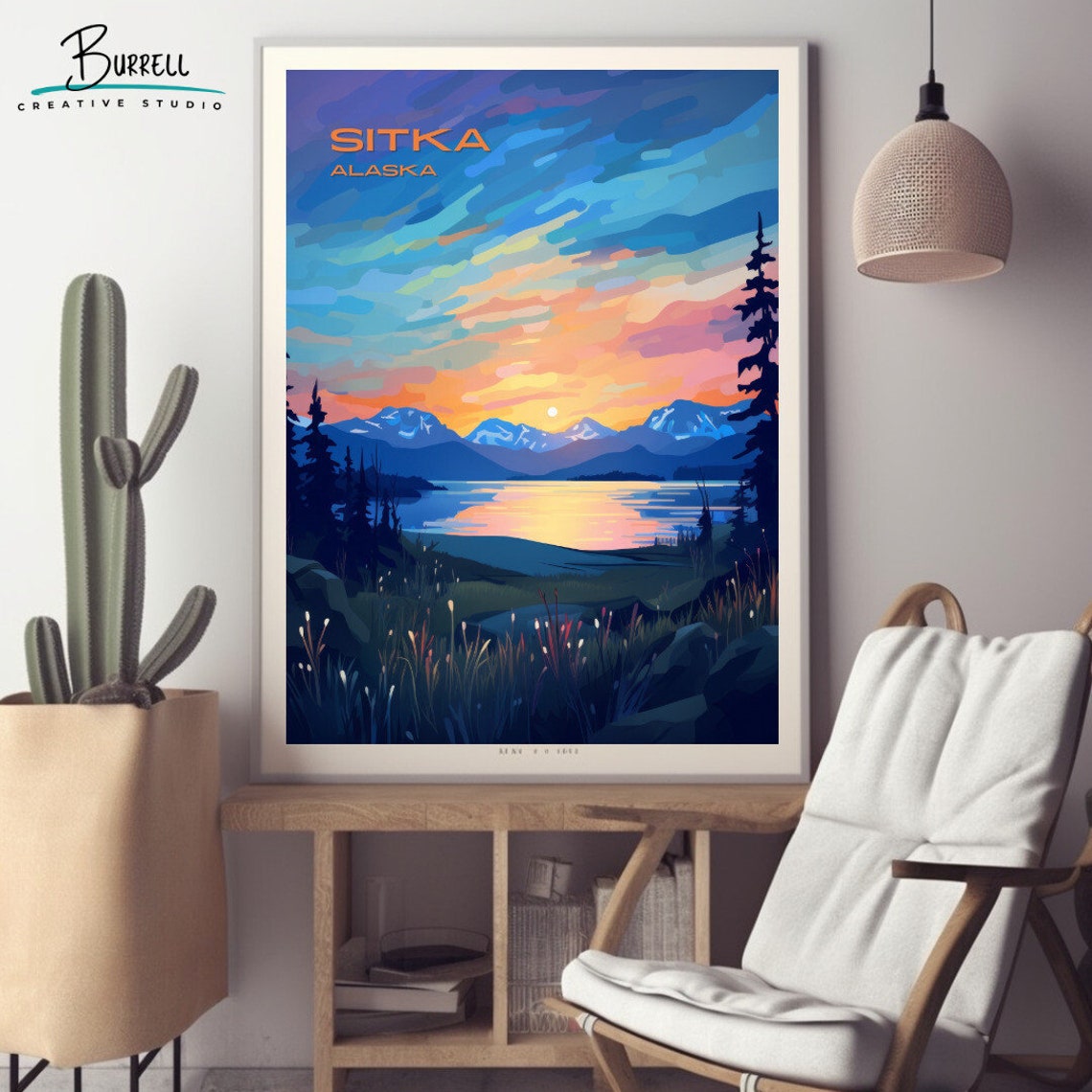 Sitka Alaska Sunset Lake Snowcapped Mountain Peaks Silhouette Poster - Image 2