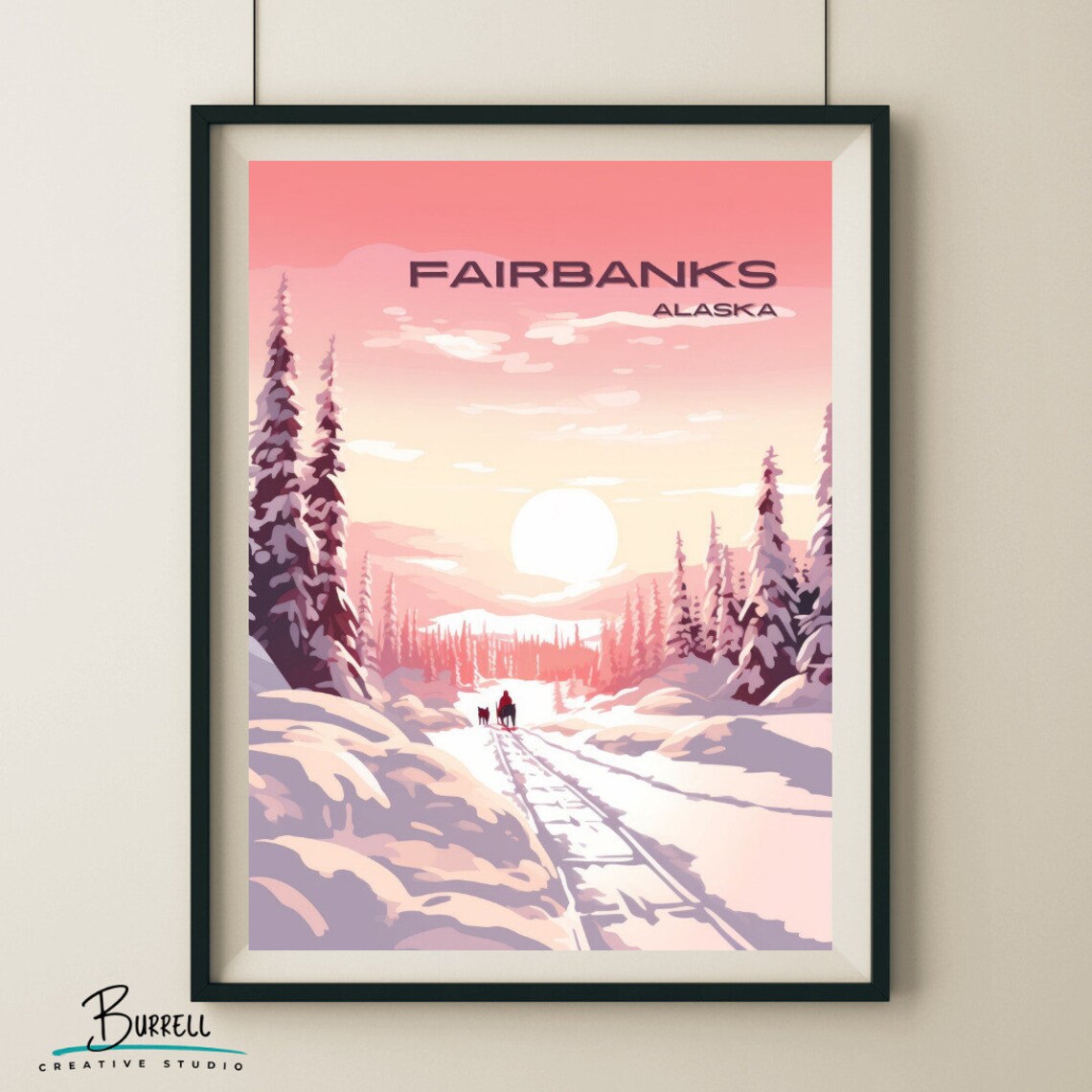 Fairbanks Alaska Snowy Sunset Trail with Sled Dogs Winter Poster