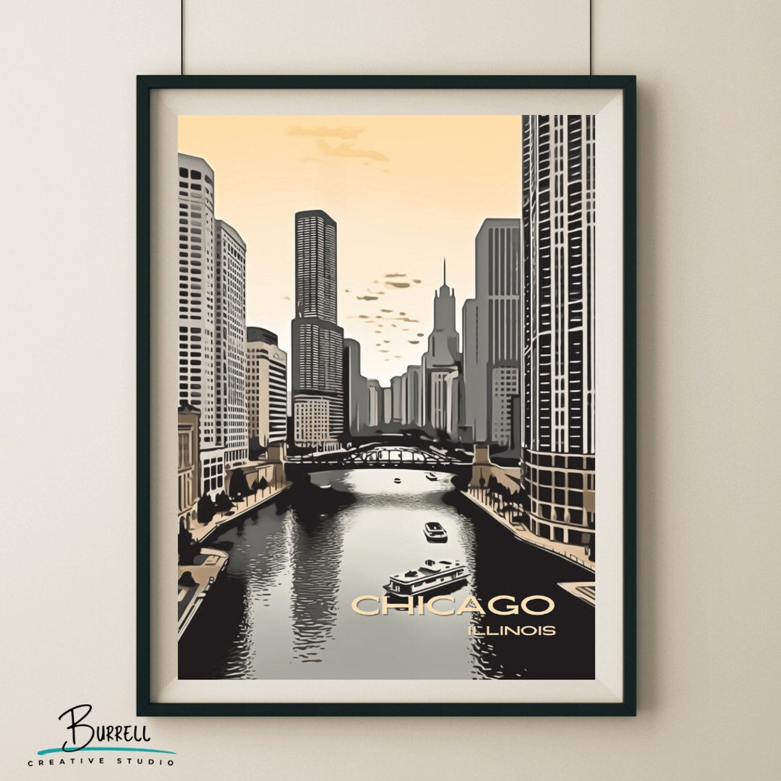 Chicago Illinois Chicago River Skyline Bridge Illustration Poster