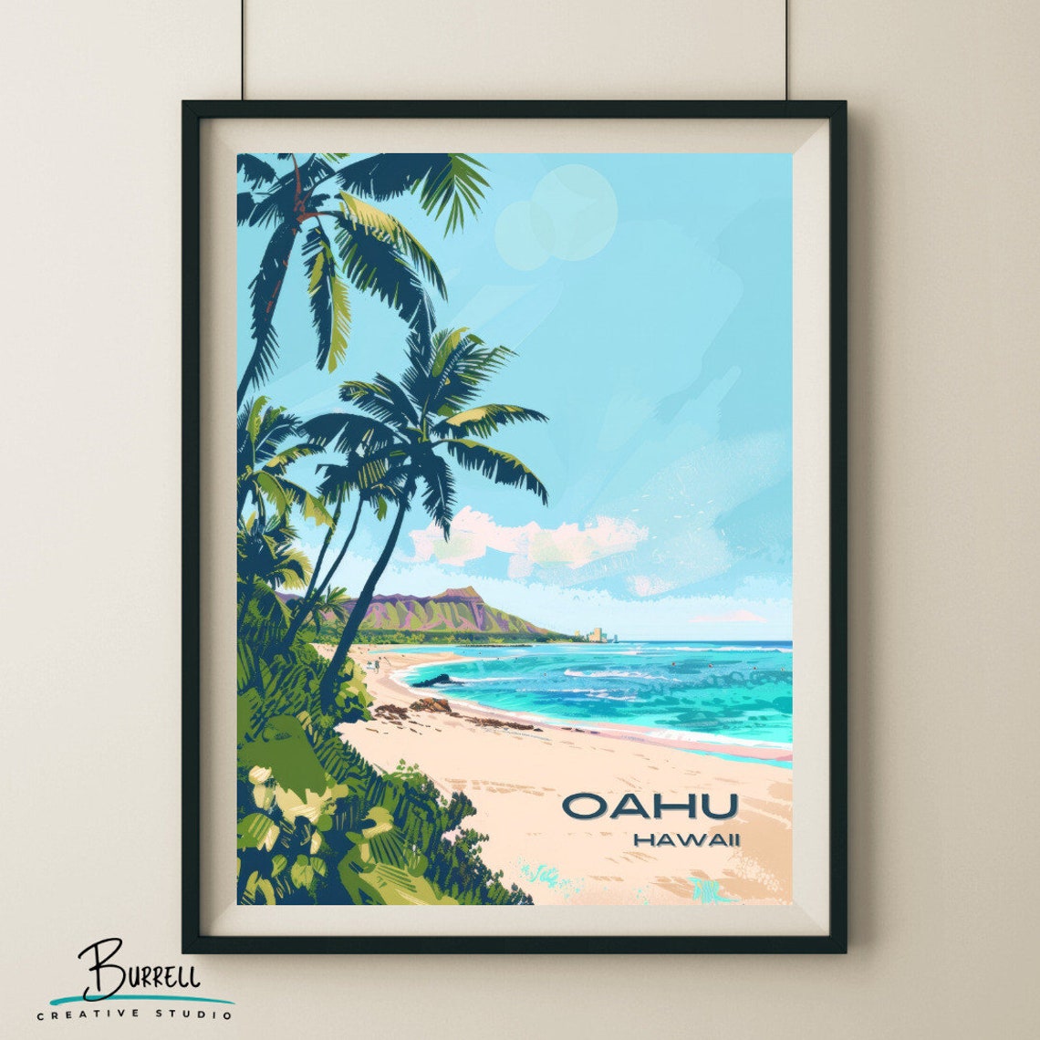 Oahu Hawaii Palm Lined Beach Volcanic Crater Horizon View Poster