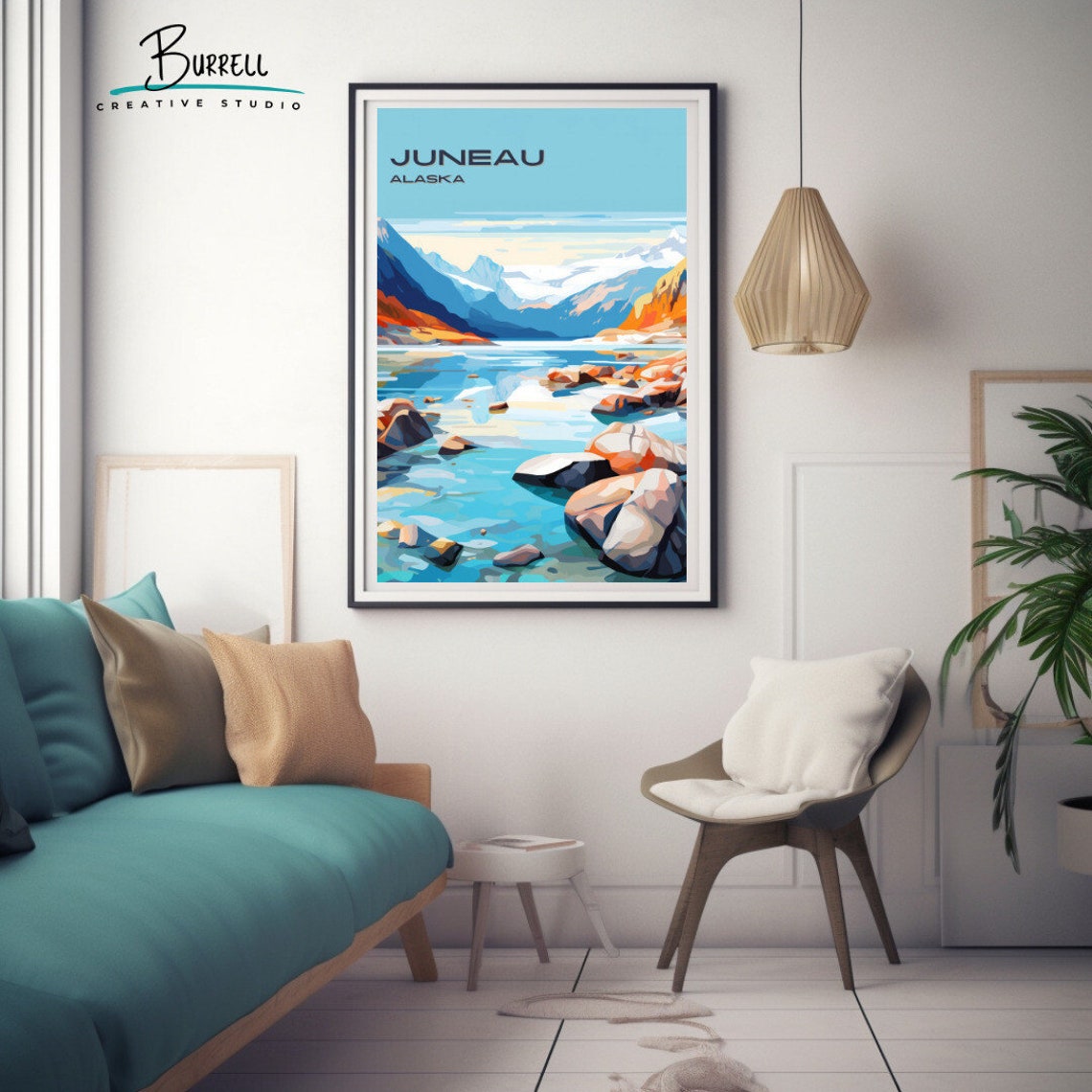 Juneau Alaska Glacial Lake Rocky Shore Snowy Peaks View Poster - Image 3