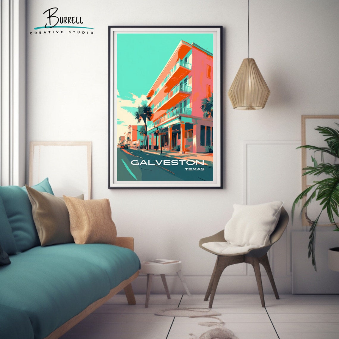 Galveston Texas Seawall Boulevard Pink Building Retro Travel Poster - Image 2