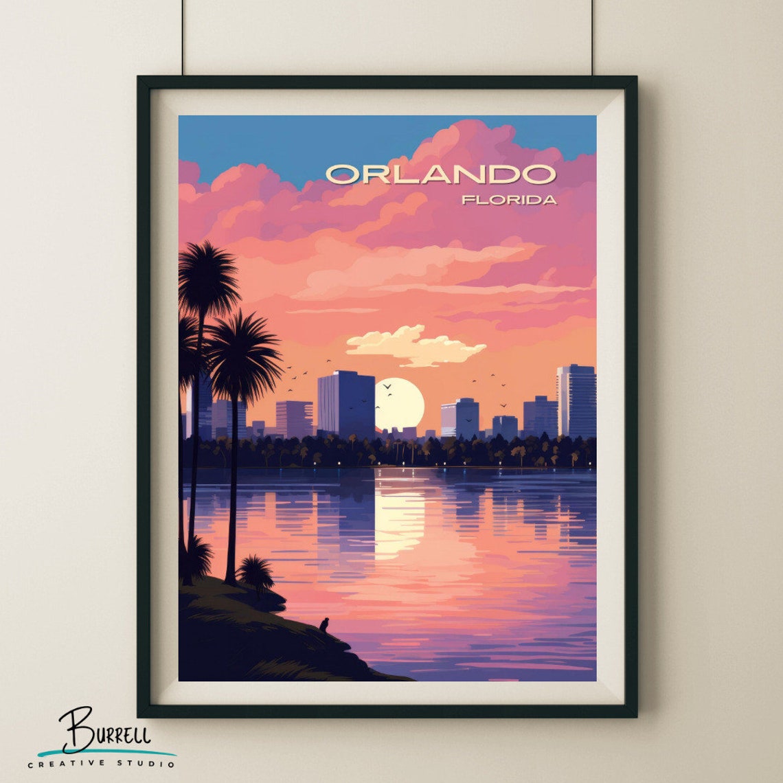 Orlando Florida Skyline Sunset Reflection Lake Palm Silhouette Poster