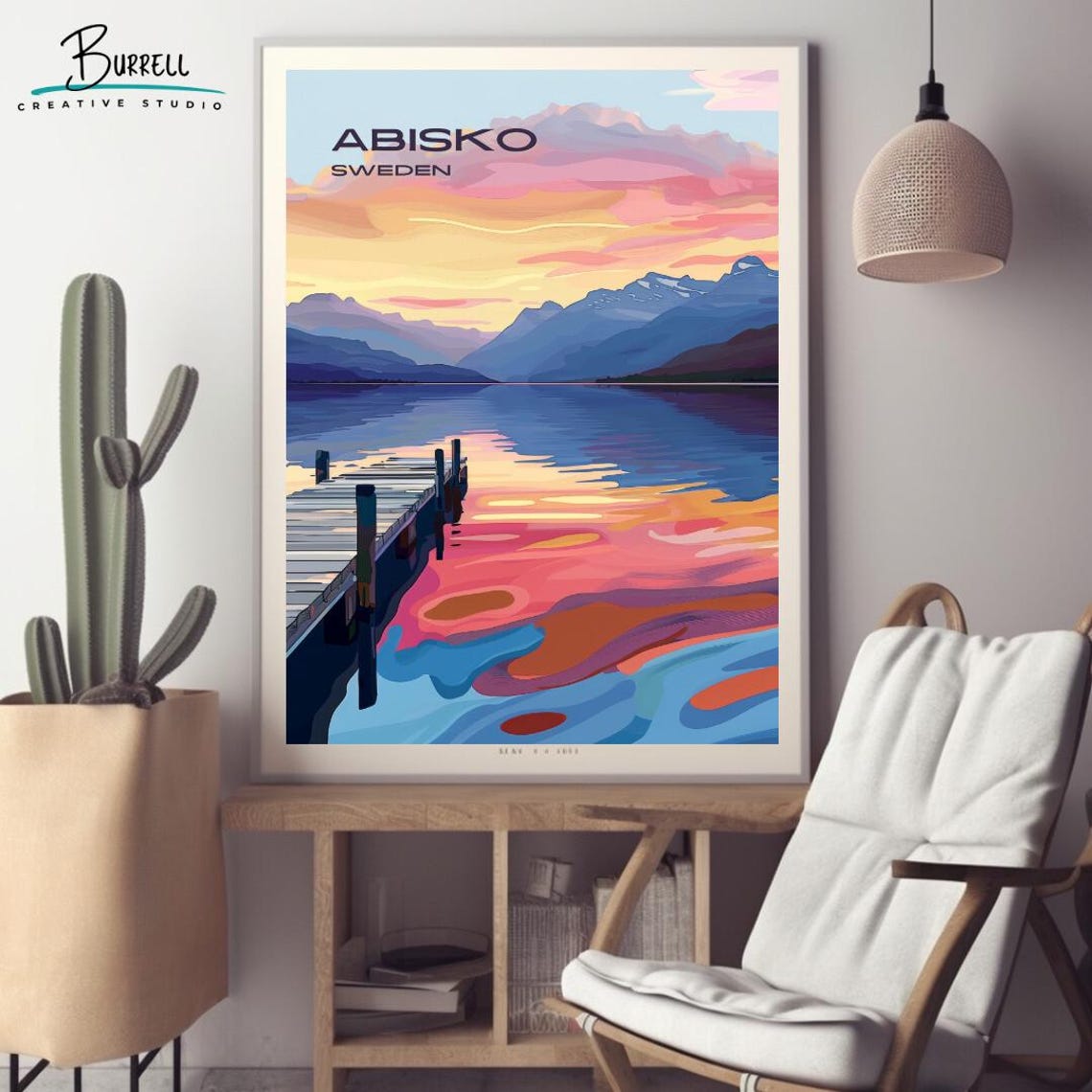 Abisko Sweden Lake Tornetrask Sunset Wooden Pier Arctic Travel Poster - Image 2