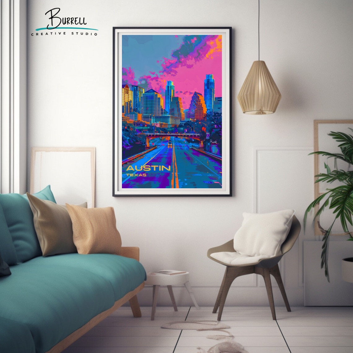 Austin Texas Neon Skyline Over Congress Bridge At Dusk Poster - Image 3