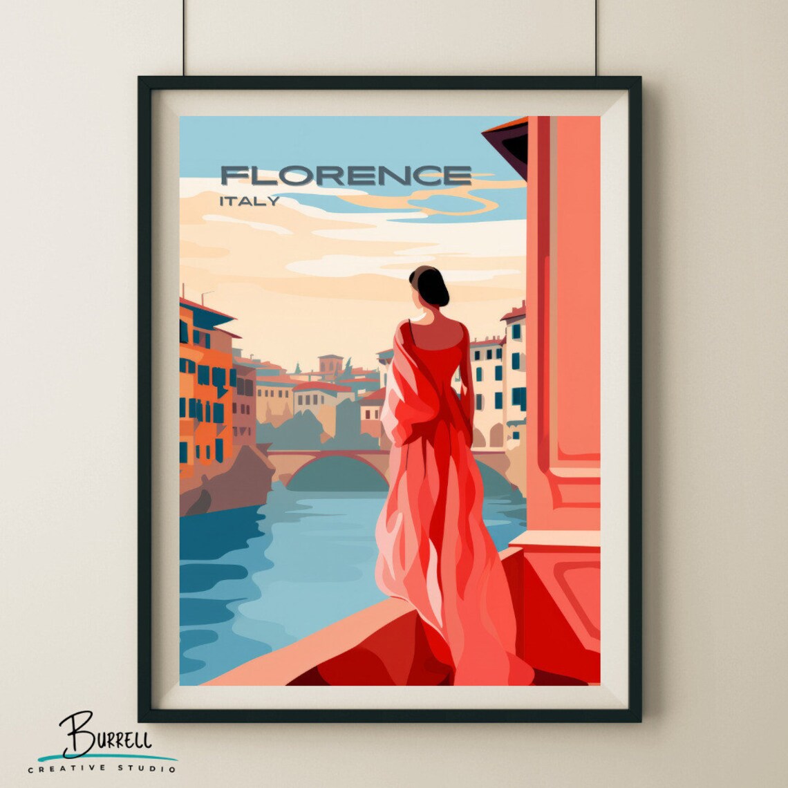 Florence Italy Woman in Red Dress Overlooking the Arno River Poster