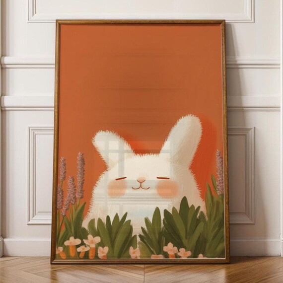 Whimsical Bunny Painting Cute White Rabbit Floral Garden Kids Poster