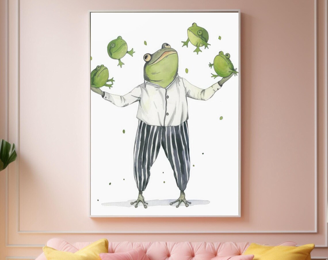 Whimsical Frog Juggler Watercolor Balancing Little Frogs Print