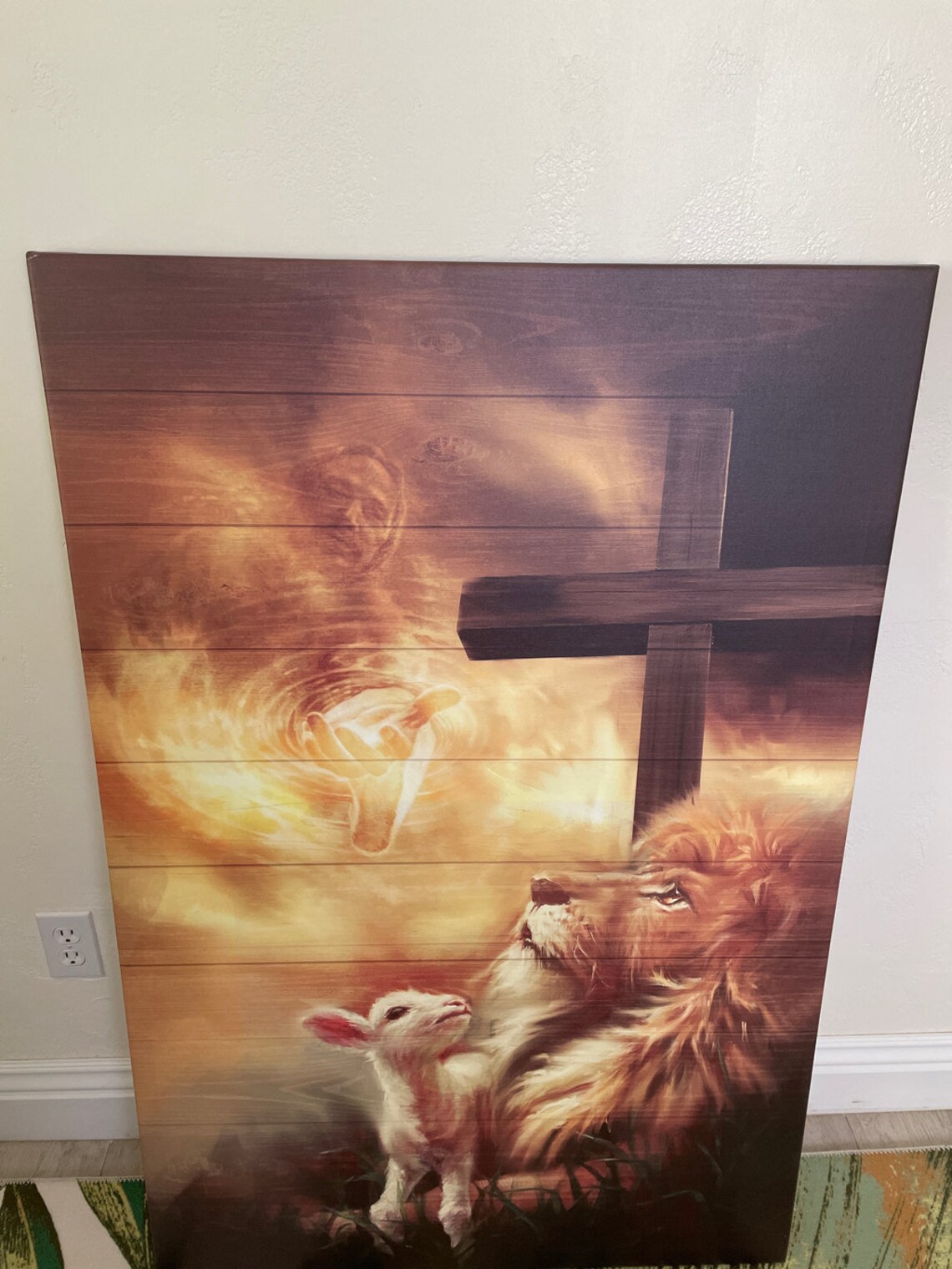 Lion And Lamb Resting Under Wooden Cross At Golden Sunset Poster - Image 2